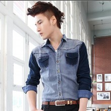 批发潮2015春秋季新款男士学院风牛仔衫韩版修身长袖拼色牛仔