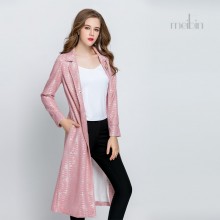 meibin 2016秋冬新款女装外套 复合蕾丝中长款飘逸腰带修身风衣