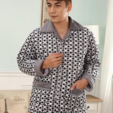 冬季超柔三层法兰绒夹棉保暖加厚男士睡衣套装 高档开衫睡衣