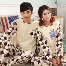 情侣睡衣格子套装 长袖休闲男士睡衣 小熊女士家居服春秋一件代