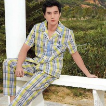 供应男士睡衣 男士格子布短袖长裤棉质睡衣套装
