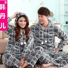 韩丹儿男女可爱卡通加厚军装居家居服法兰绒珊瑚绒套装情侣睡衣