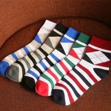 四季男款袜子新品男士全棉中筒袜 菱形条纹平板休闲长款男袜
