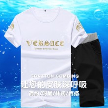 蛙帅男式休闲套装1512户外运动套装烫金t恤男短袖印花圆领短裤修身时尚潮流个性