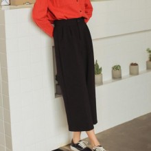 2017春季新款复古高腰黑色九分阔腿裤