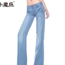 小魔妖牛仔裤 女装 2017春季新款阔腿裤 大码浅蓝色中腰长