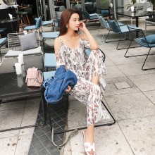 2017新款夏韩版碎花连衣裤吊带高腰连体裤女夏露肩雪纺休闲阔腿裤