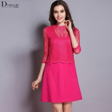 欧洲站大牌2016春装新款 拼接镂空蕾丝连衣裙纯色直筒裙