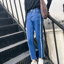2017春款实拍复古港风双毛边水洗牛仔裤女学生直筒九分阔腿裤