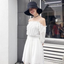 2017新款韩版蕾丝连衣裙 吊带一字肩连衣裙 蕾丝雪纺拼接连衣裙