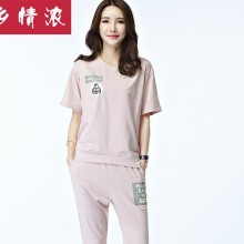 2016新款韩版纯色两件套阔腿裤女七分裤休闲T恤时尚休闲套装