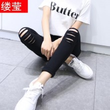 女装 夏季 新品爆款 韩版时尚铅笔裤 破洞小脚裤 大码 九分