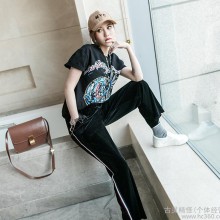 金丝绒三色织带阔腿裤 2017春季新款女装东大门女式休闲裤