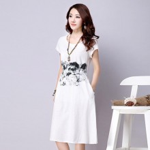 2015春夏新款连衣裙 夏季复古大码女装修身印花棉麻连衣裙