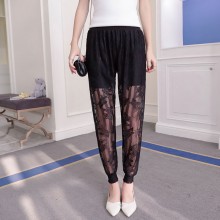 实拍灯笼裤2017夏季新款时尚纯色纱网蕾丝松紧腰显瘦休闲裤