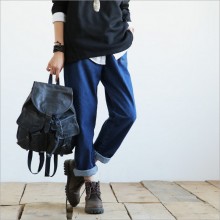古墨今染服饰中国风服装民族风服装布衣风格女复古怀旧百搭休闲明线大口袋阔腿裤牛仔裤