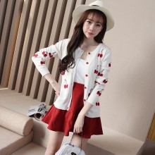 爱归来 2016秋冬新款低圆领开衫小外套女樱桃刺绣修身毛衣长袖披肩针织衫