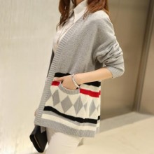 秋季女装新款宽松大码针织开衫外套 女式中长款韩版提花针织衫