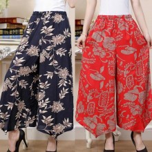 夏季新款 中老年妈妈裤女士广场舞裙裤大码九分印花竹节棉阔腿裤