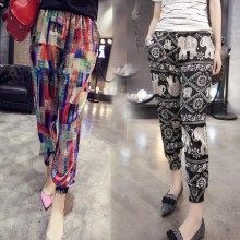 拼款实拍2016年夏季新款女韩版雪纺印花多图案九分休闲裤哈伦裤