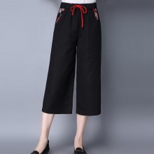 2017春夏新款民族风复古棉麻花布休闲棉麻九分裤女 阔腿裤