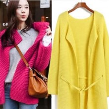 秋装新款糖果色宽松显瘦系带毛衣外套中长款韩版针织开衫