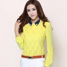 2016新款镶钻翻领衬衫长袖上衣拼接蕾丝雪纺衫