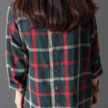 2016秋装新款韩版大码宽松复古文艺范格子长袖棉麻连衣裙