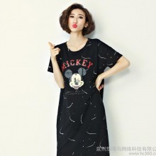 2016春装新款韩版宽松圆领字母中长款T恤修身短袖印花连衣裙女夏
