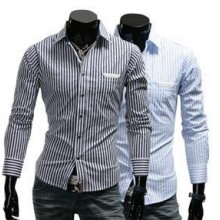 外贸供货 条纹修身衬衫 条纹贴皮男士长袖衬衫 男式衬衣