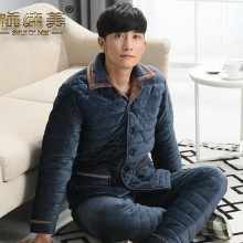 睡缔美男士睡衣 冬款新款三层加厚保暖贝贝绒夹棉家居服套装60