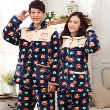 新品冬季男士女士大笑嘴猴家居服高档法兰绒三层加厚夹棉情侣睡衣