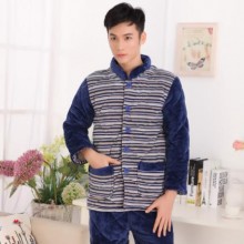 一件批发 男士睡衣家居服条纹夹棉加厚保暖套装条纹立领男人睡衣