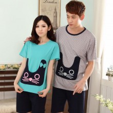 批发QM356夏季2014短袖针织圆领卡通小圆点男女情侣睡衣