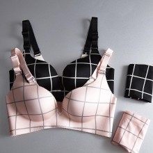一片式深V方格子性感无痕内衣 无钢圈舒适胸罩聚拢调整型文胸