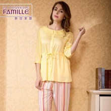 新世家族 春夏新款2014年女士睡衣 时尚黄色七分袖长裤家居