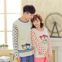 秋季长袖纯棉女士睡衣 秋冬季卡通小熊情侣睡衣 休闲男女士家居
