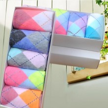 新品5双礼盒装季女士涤棉袜子 店面送礼品袜糖果色菱形女袜子批