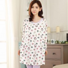 女士睡衣 秋冬季长袖长款上衣纯棉家居服可爱猫头鹰套装爆款