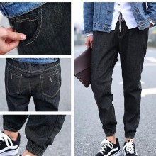 2015秋冬新款男士学院风韩版纯色牛仔裤系绳松紧小脚修身牛仔