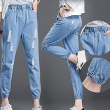 实拍 2017春季新款 韩版束脚九分哈伦裤女 大码松紧腰牛仔