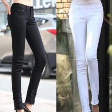 韩国模特实拍白色破洞牛仔裤女九分小脚铅笔裤脚裤口毛边破洞