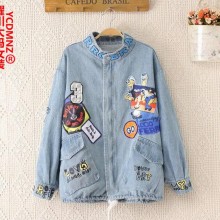 0641大码女装秋装好先生彭佳禾同款卡通贴布立领韩版长袖牛仔