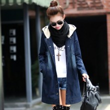 2017春秋装新款韩版修身连帽初中学生风衣女中长款学院风牛仔