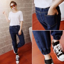 春夏宽松加大码胖mm休闲小脚牛仔长裤女松紧腰哈伦裤bf风束脚