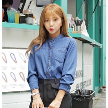 WEI.W/EP 简约女装小立领单口袋前短后长女士中长款牛仔