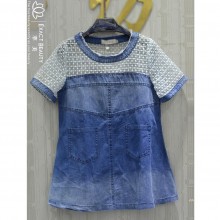 6E57清仓15春夏装欧洲站东大门实拍女欧根纱拼接娃娃衫牛仔