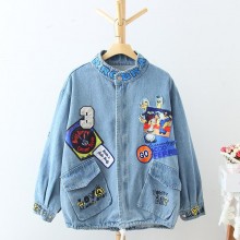 大码女装2016秋装好先生彭佳禾同款卡通贴布立领韩版长袖牛仔