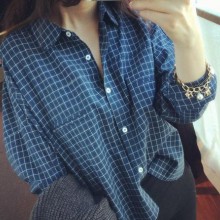 2014韩国代购秋冬新款BF风百搭复古格子衬衫女长袖宽松棉麻