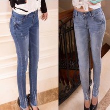 韩国正品代购 秋季新款 裤口毛边破洞 牛仔裤 女小脚裤